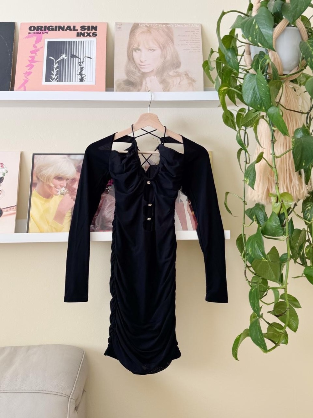 Black Long-Sleeve Ruched Mini Dress with Crisscross Back